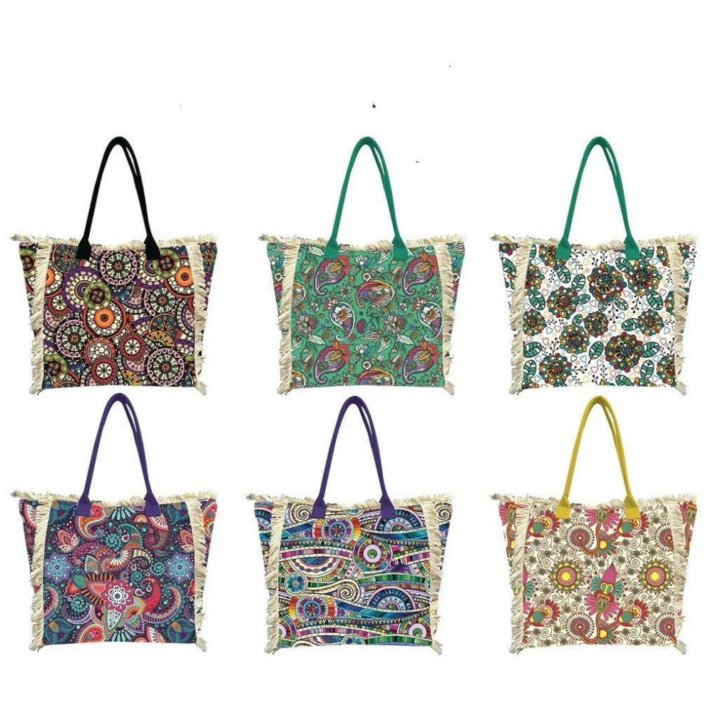 MEJORADA Bolso de Playa Grande con Estampado Colorido y Flecos, Estilo Tote con Forro Interior, Tamaño 55x35x20 cm - Ideal para Playa, Piscina y Viajes