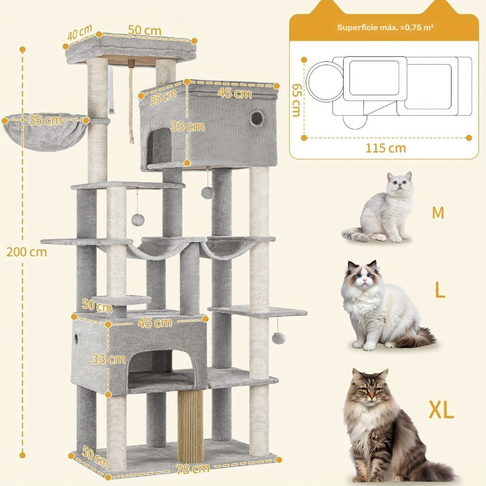 Árbol para Gatos, 200cm XXL con 10 Postes Rascadores, 2 Cuevas, 2 Hamacas, Plataforma Grande, Peines y Canasta Incluidos. Árbol Resistente Ideal para Maine Coon o Grandes Felinos en Colores Gris Claro/Gris Oscuro/Beige