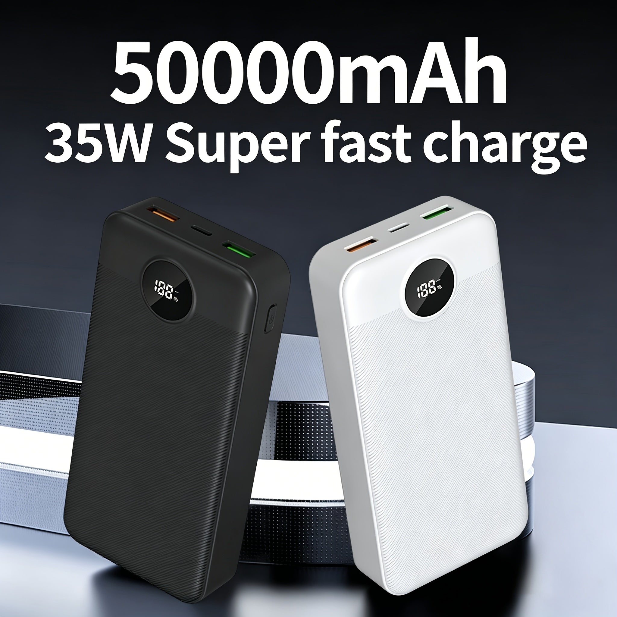 Baterías externas | Banco de energía portátil con gran capacidad de 50000mAh, pantalla LED para nivelación del batería, textura mate, carga