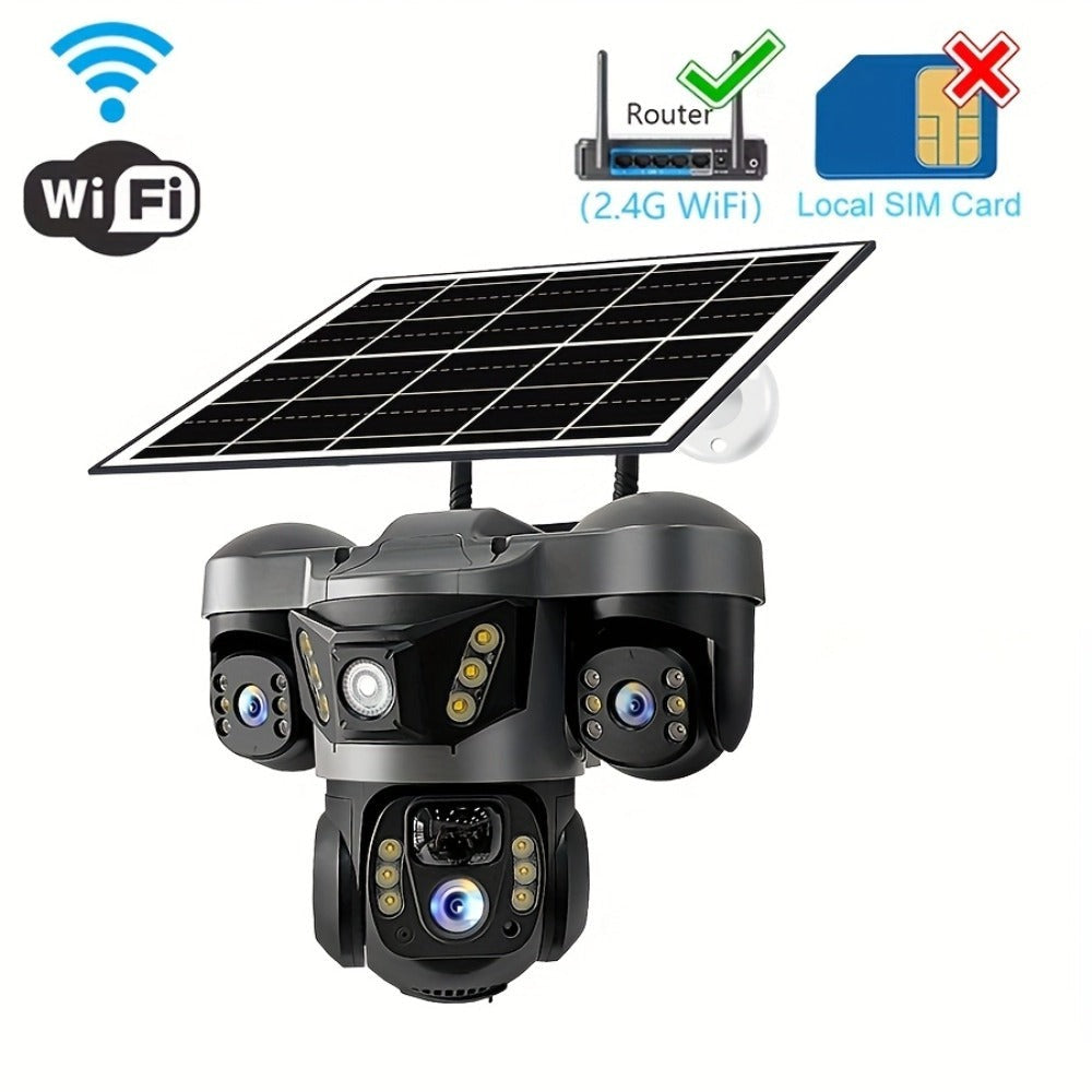 Cámara solar con WiFi V380 PRO de 3 lentes, 1080P, resistente al agua, HD, para exteriores, CCTV, visión nocturna, audio bidireccional, cámara de red con seguimiento de movimiento, cámara PTZ, seguimiento automático, alarma y visión nocturna en color, rot