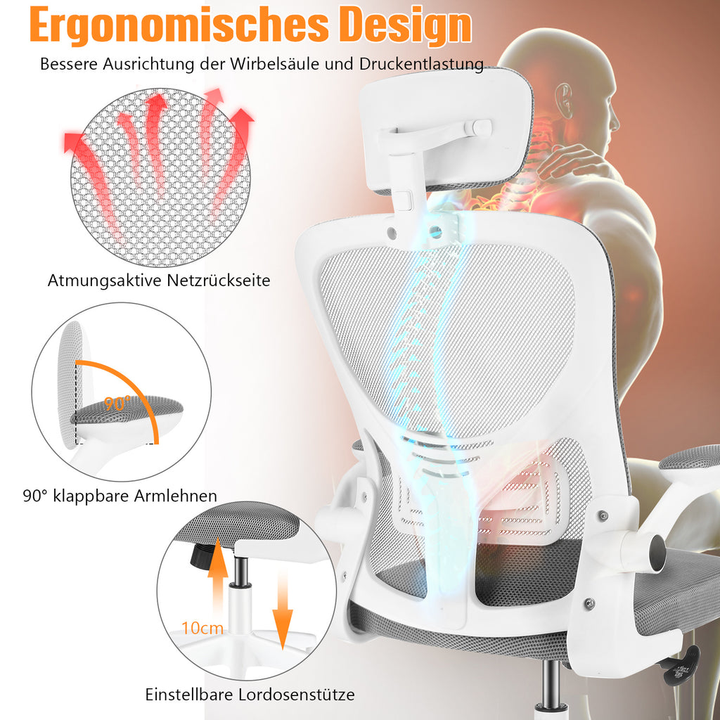 Silla de Oficina con Función de Inclinación de 105°, Silla de Oficina Ergonómica con Soporte Lumbar, Reposacabezas y Reposabrazos Ajustable, Silla Giratoria, Silla de Oficina de Altura Ajustable 120Kg, Blanca