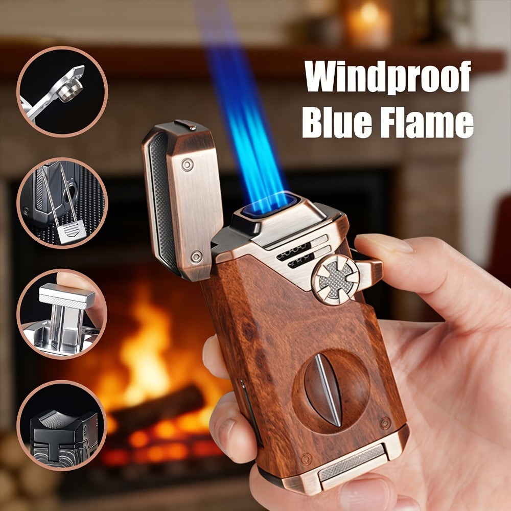 Encendedor de metal 5 en 1 con llama azul cuádruple, a prueba de viento, recargable con butano, para cigarros. Incluye cortador de cigarro, punzón, horquilla anti-escaldaduras y tapa con soporte.