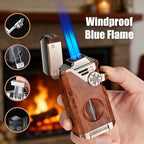 Encendedor de metal 5 en 1 con llama azul cuádruple, a prueba de viento, recargable con butano, para cigarros. Incluye cortador de cigarro, punzón, horquilla anti-escaldaduras y tapa con soporte.