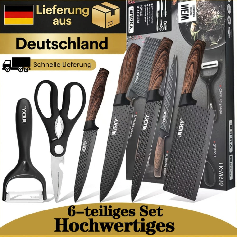 Juego de 6 cuchillos de cocina profesionales, que incluye un cuchillo de chef, un cuchillo para rebanar, un raspador y tijeras, fabricados con acero inoxidable de alto carbono para una afilada excepcional, con un mango ergonómico de madera que evita el pe