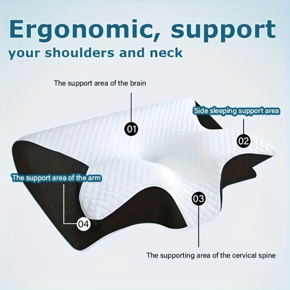 Almohada Ergonómica para Cuello para Personas que Duermen de Lado, Boca Arriba y Boca Abajo - Diseño Contorneado, Soporte Suave pero Firme, Negro con Relajación de Hombros Texturizada Blanca, Construcción Sólida, Soporte Cómodo para el Cuello | Reposacabe
