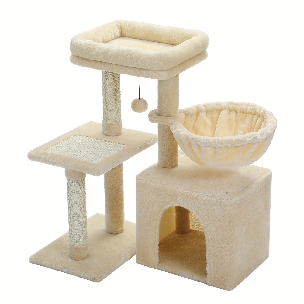 Árbol para Gatos Pequeños de Pawz Road para Interiores - Centro de Actividades Convertible 2-en-1 con Postes Rascadores, Hamaca de Peluche y Percha Superior Desmontable, Diseño Robusto Ahorrador de Espacio para Gatitos, Gris y Beige, Árbol Lindo para Gato