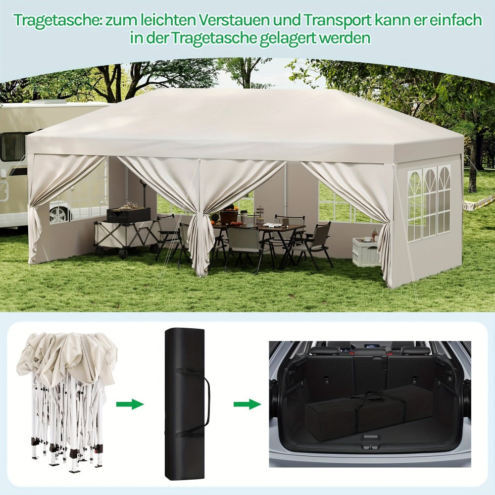 Toldo plegable de exterior de 1 pieza de 3 x 6 metros, toldo para exteriores, carpa de recepción portátil, cenador de metal, refugio, equipado con 6 paredes laterales y 4 ventanas, resistente al viento, protección UV, fácil de instalar, resistente y durad