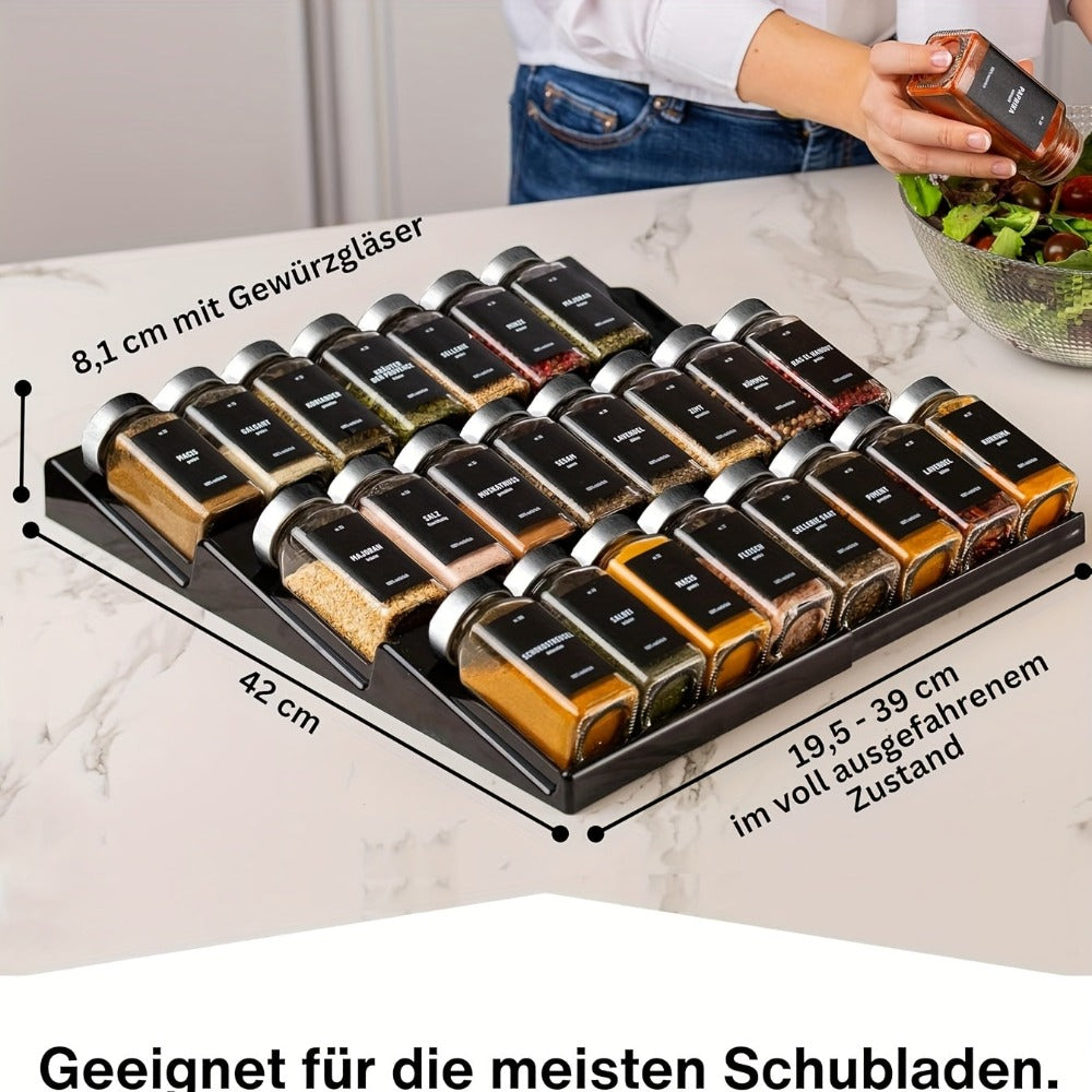 Organizador de gaveta ajustable Miorkly con 24 botellas de especias de vidrio y etiquetas - Se adapta a todas las gavetas, solución de almacenamiento duradera para la cocina para especias, hierbas y condimentos, frascos de especias.