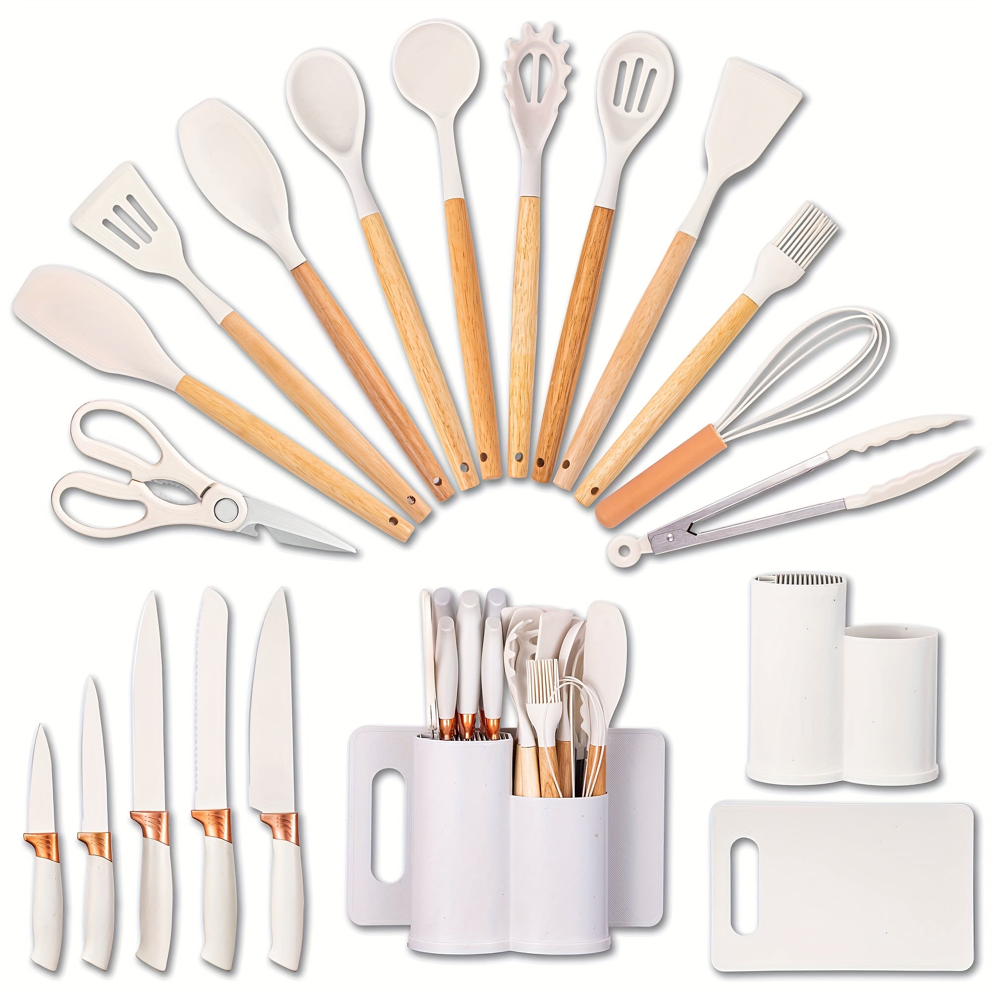 Juego de 19 piezas de cuchillos de cocina modernos y utensilios de cocina - Colección de hojas profesionales con mangos ergonómicos - Accesorios de cocina de alta calidad con soporte de almacenamiento - Herramientas de corte de espiga completa y esenciale