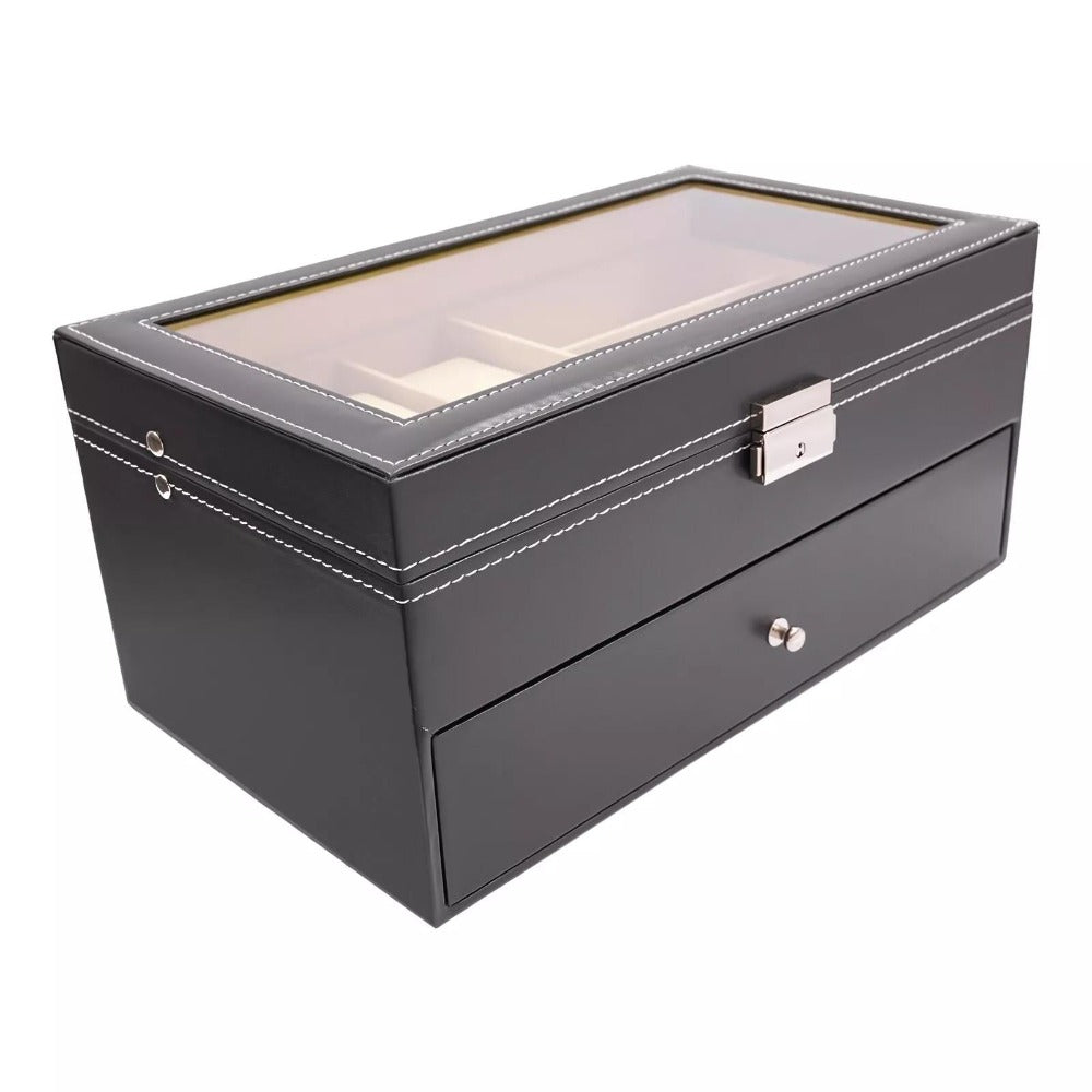 Caja de reloj de cuero sintético negro, estuche para joyas, almacenamiento de gafas y caja organizadora con cajón de exhibición de gafas de sol con cerradura (caja de gafas de 9 rejillas y caja de reloj de 6 rejillas)