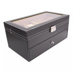 Caja de reloj de cuero sintético negro, estuche para joyas, almacenamiento de gafas y caja organizadora con cajón de exhibición de gafas de sol con cerradura (caja de gafas de 9 rejillas y caja de reloj de 6 rejillas)