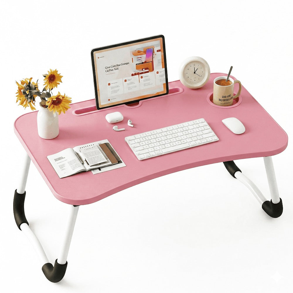 Mesa plegable multifunción para cama y sofá con portavasos, 60×40×28 cm, mesa auxiliar con atril para leer en la cama, bandeja multifunción para ordenador, libros, trabajo y estudio en casa (con cajón / sin cajón)