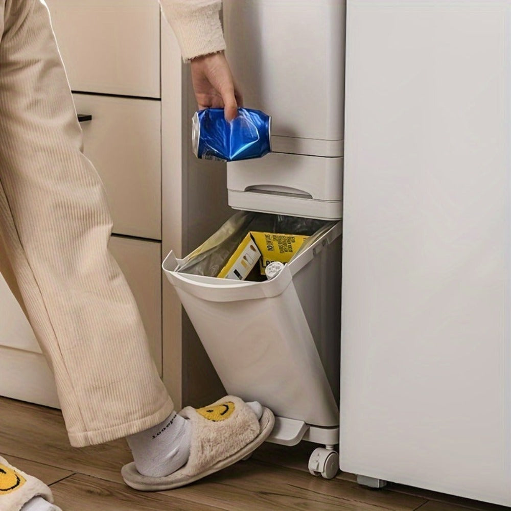 Cubo de Basura Estrecho de 3 Capas con Tapa - Delgado, Gran Capacidad, Doble Compartimento para Separación Seca y Húmeda con Ruedas y Asas para Fácil Movimiento, Perfecto para Separación de Residuos de Cocina, Operado con Pedal, Espacio de Cocina, Uso Dom