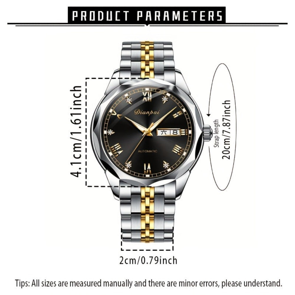 Reloj mecánico automático de lujo para hombre de Dianpai, ideal para uso diario casual, con diseño redondo, calendario y agujas luminosas, un regalo perfecto para hombres, sin batería.