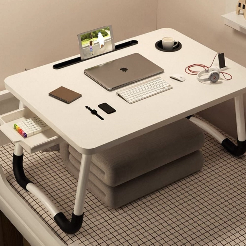 Mesa plegable multifunción para cama y sofá con portavasos, 60×40×28 cm, mesa auxiliar con atril para leer en la cama, bandeja multifunción para ordenador, libros, trabajo y estudio en casa (con cajón / sin cajón)