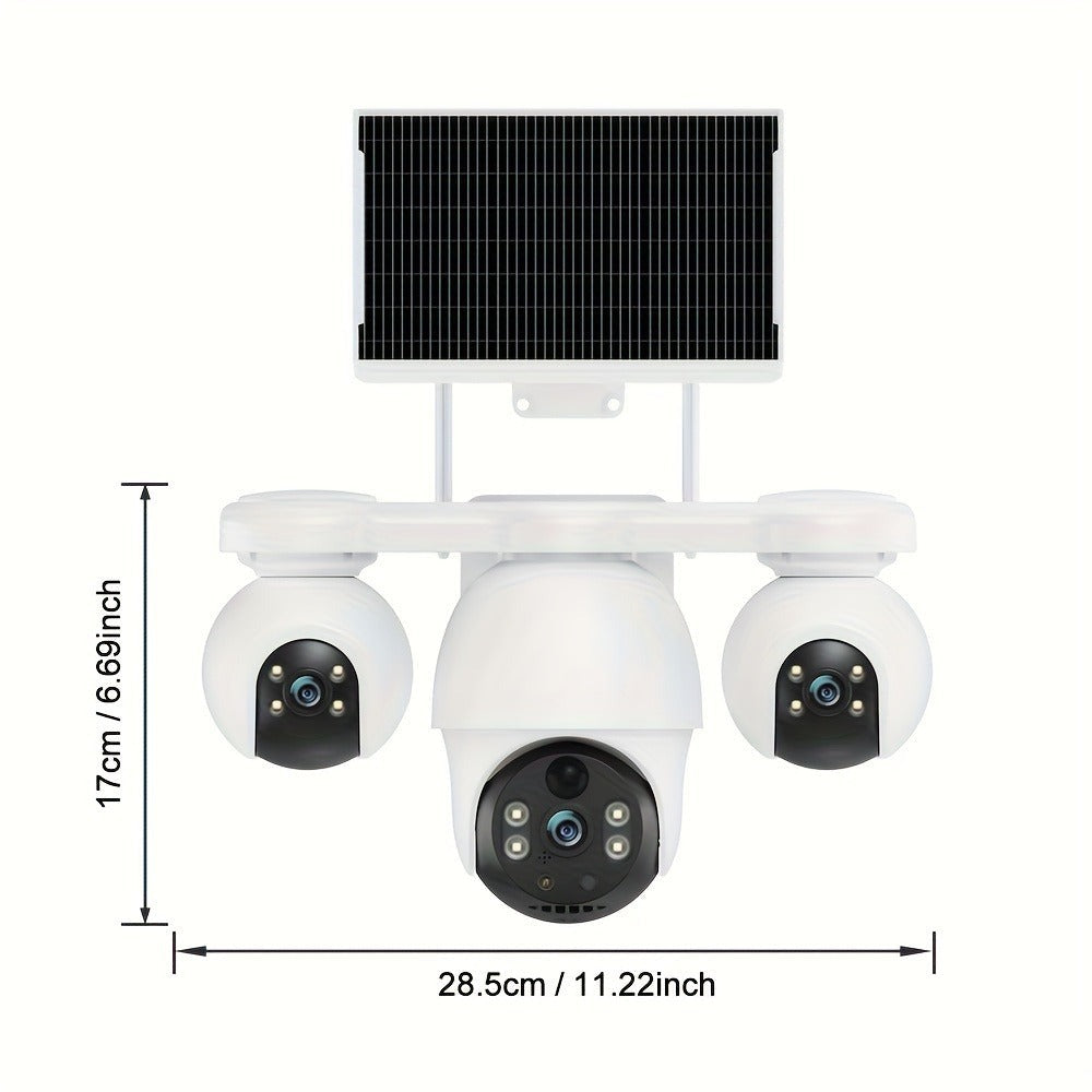 Cámara de seguridad solar solar exterior de 8MP con triple lente y triple vista 4G, videovigilancia, rotación panorámica-inclinable PTZ 360°, seguimiento de movimiento, detección humana PIR, audio bidireccional, visión nocturna a todo color, notificacione