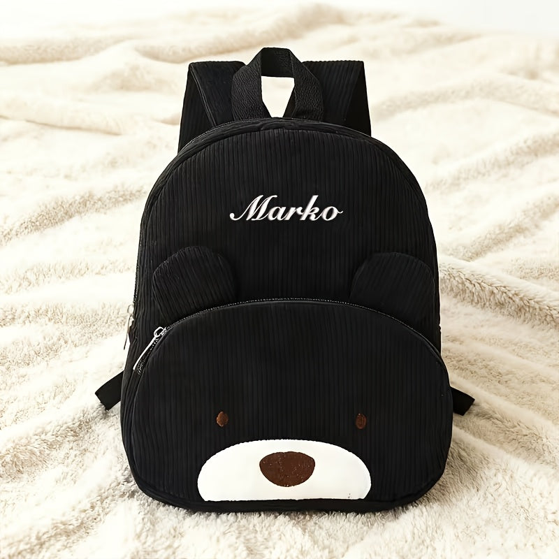 Mochila de Pana con Bordado de Oso Personalizado - Bolso de Hombro Ajustable para Mujeres, Ligero y Transpirable, con Opción de Nombre Personalizado, Forro de Nylon Duradero, Ideal para Regalos de Vuelta al Colegio y Viajes