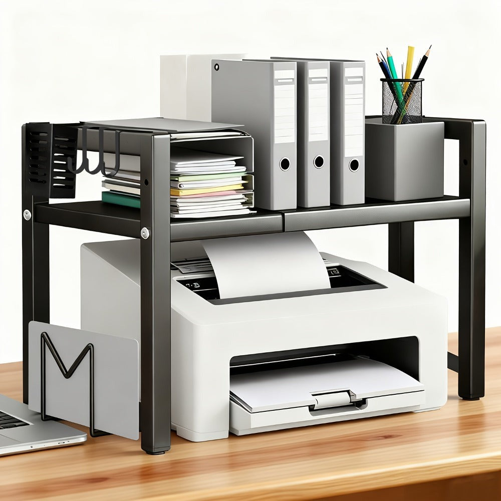 Soporte para impresora de 2/3 niveles - con 3 ganchos, soporte para tabla de cortar y portalápices, diseño expandible, adecuado para el hogar y la oficina, puede contener fotocopiadoras y escáneres (Negro, Blanco)