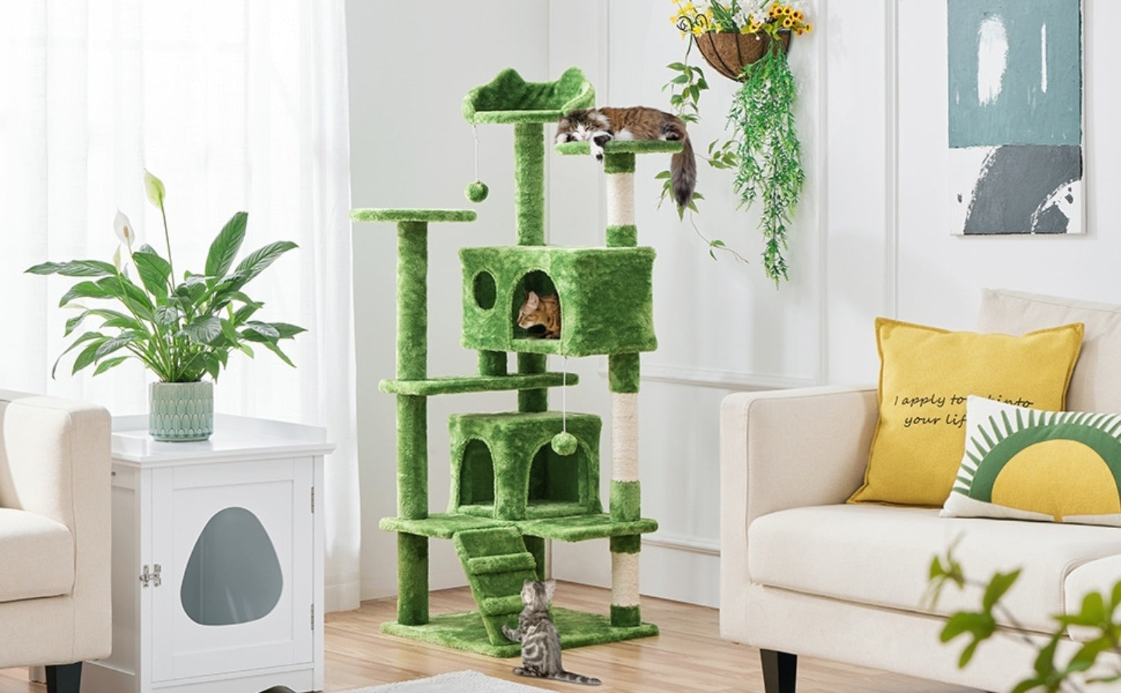 Costoffs Poste para Rascar de Gatos de 138 cm, Árbol Resistente con Pelota de Juego y Cueva para Gatos, Torre de Rascado y Escalada para Gatos, Casa para Gatos