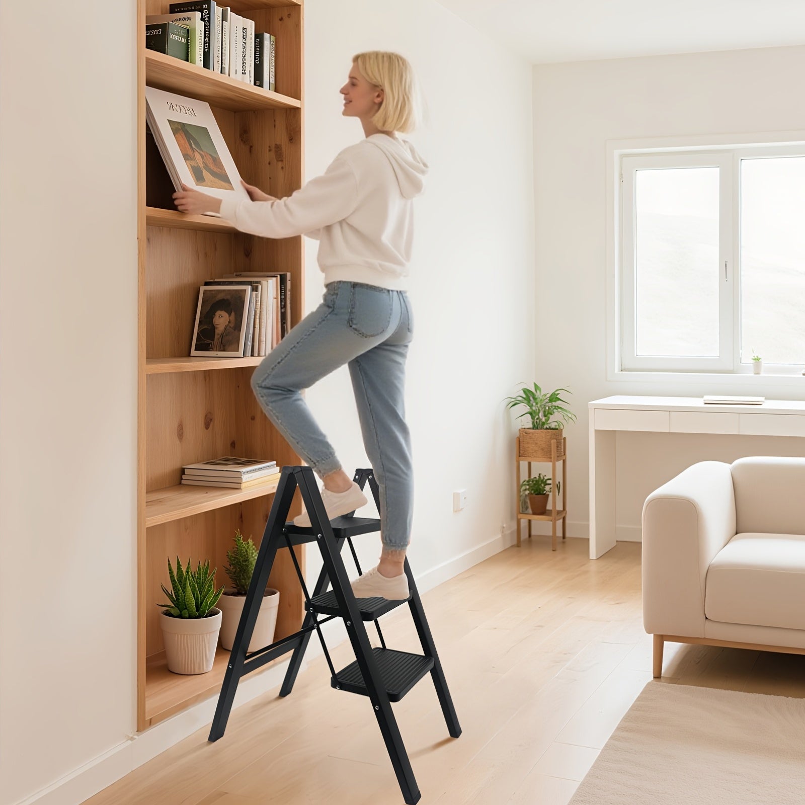 Escalera plegable | 1 ud. Escalera plegable de 3 peldaños, portátil y ligera, con un pedal ancho antideslizante, adecuada para diversas tareas