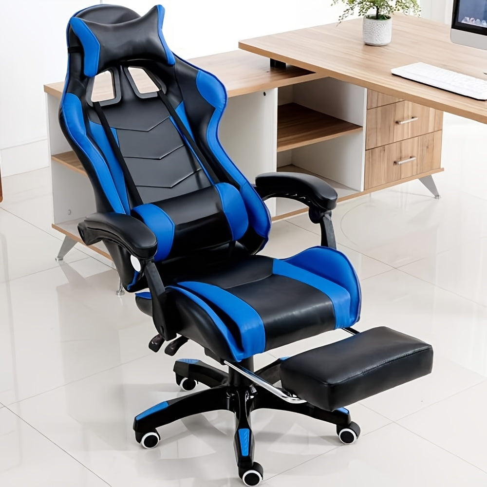 Silla de oficina ergonómica diseñada para gaming, con reposapiés, respaldo alto, giro ajustable y soporte lumbar, hecha de cuero PU en estilo racing para entusiastas de los E-Sports