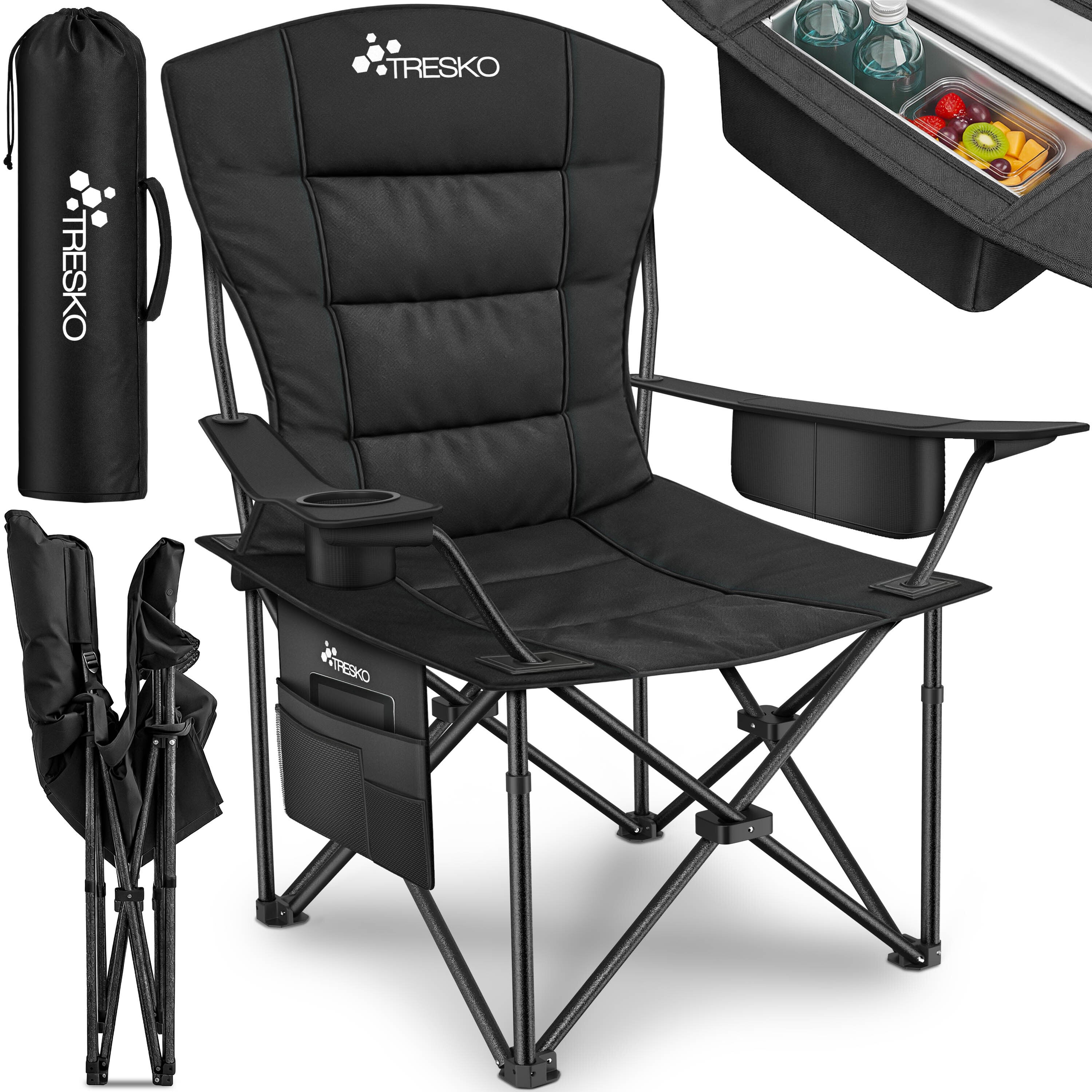 TRESKO® Silla de Camping Plegable hasta 200Kg | Silla Plegable con Bolsa Nevera, Portavasos y Bolsillo Lateral | Silla XXL Plegable Incluye Bolsa de Transporte | Silla de Pesca Acolchada para Exterior, Pesca, Festival y Jardín