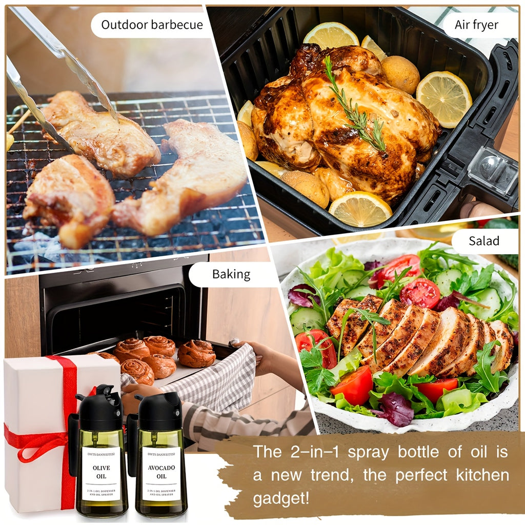 Juego de 2 pulverizadores de aceite de oliva de vidrio, cada uno de 16Oz/470Ml, perfectos para cocinar, utensilios de cocina y complementos para freidoras de aire, incluye botellas dispensadoras para ensaladas y parrillas, en color negro