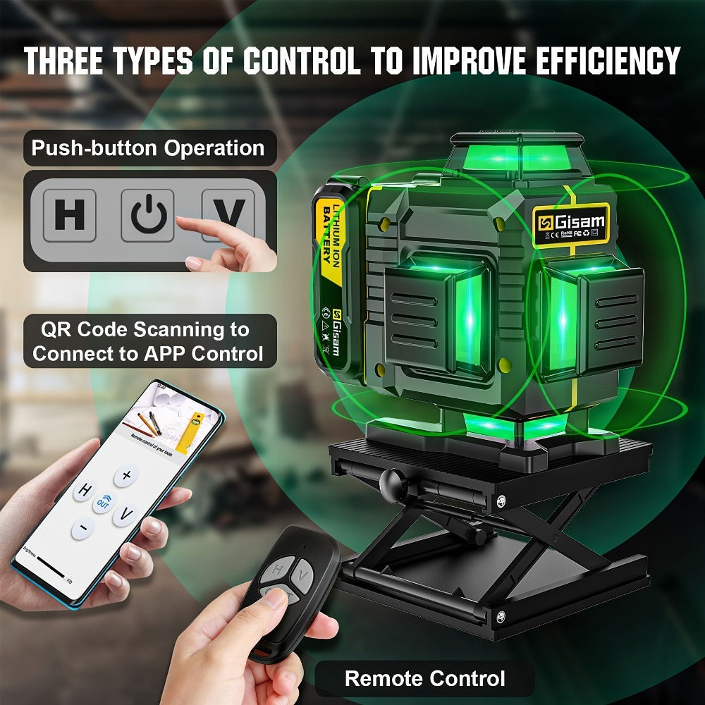 Nivel Láser 360 Autonivelante, Línea Verde 4D 16 Líneas Herramienta de Nivel Láser Cruzado con Plataforma, Soporte de Pared, Placa de Dianas, Caja de Transporte, Juego de 2 Baterías