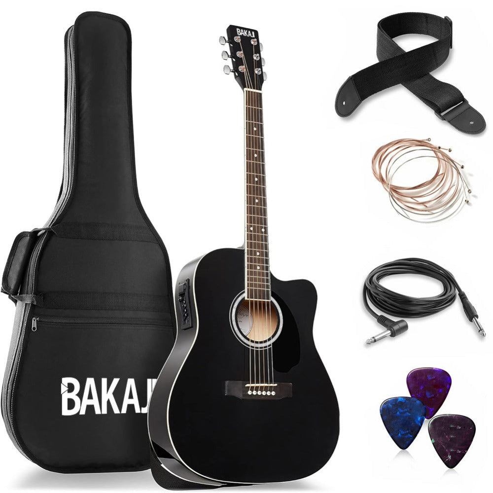 BAKAJI Guitarra Acústica Eléctrica de 41 Pulgadas con Estuche, Kit de Reemplazo de Cuerdas, Púas, Cable de Amplificador y Correa, Guitarra Folk Cutaway para Adultos y Principiantes