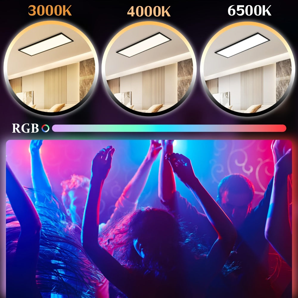 Panel LED Comercial 100X25Cm Regulable – Panel de Techo Largo RGB que Cambia de Color, Luz de Techo Plana para Oficina con Control Remoto, Lámpara de Techo Negra Rectangular Grande para Sala de Juegos, Sala de Estar, Oficina