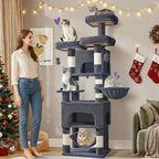 Árbol para gatos, Árbol para gatos de 176 cm, XL, 3 plataformas, 2 cuevas, 7 postes rascadores, hamaca, pelotas de felpa, poste rascador para gatos para hogares con múltiples gatos, Beige