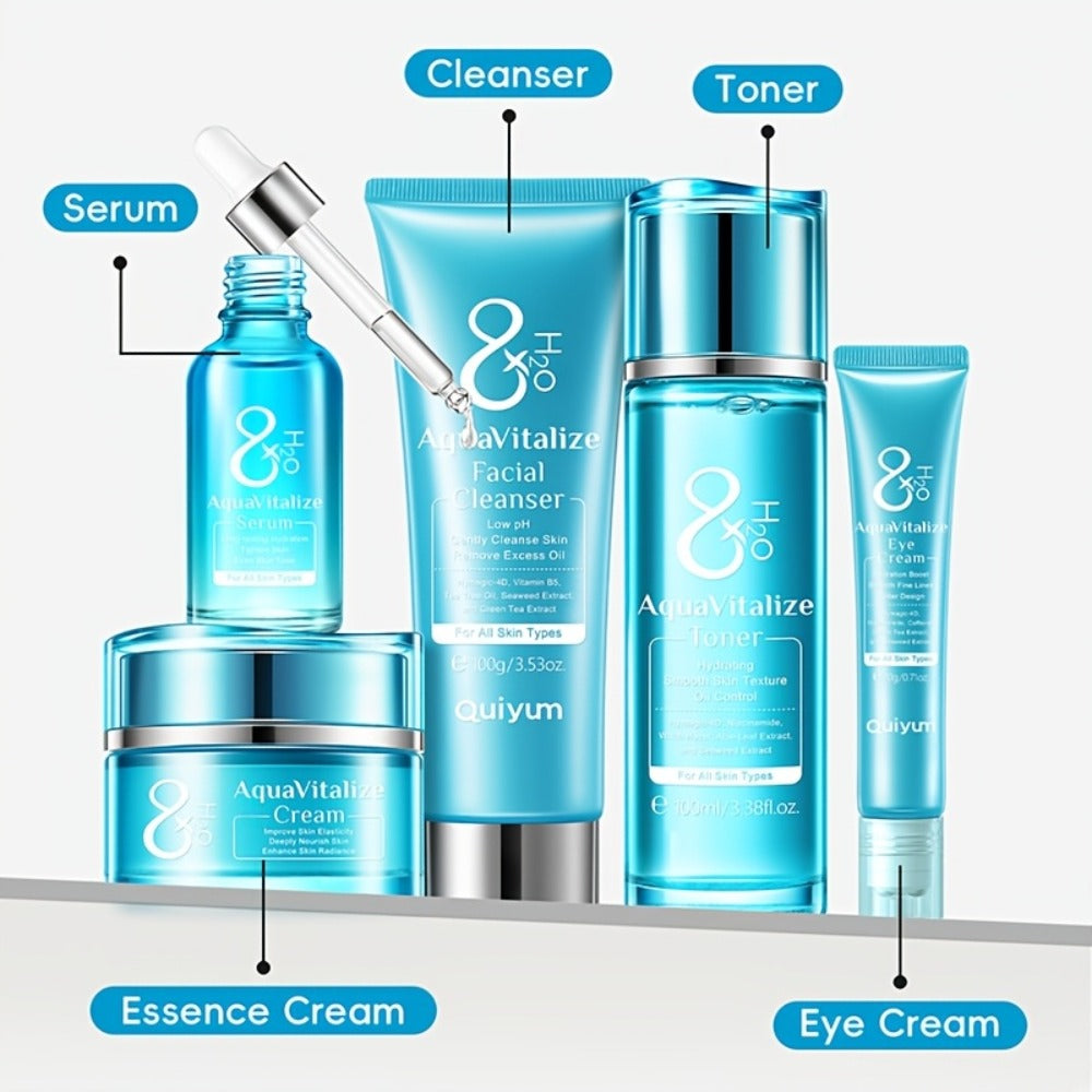 QUIYUM AquaVitalize Set de Cuidado Facial para Mujeres - Dos Juegos de 10 Piezas, Rutina Hidratante y Nutritiva de Día y Noche, con Vitamina C, Glicerina, etc. - Adecuado para Piel Seca, Normal y Mixta - Hipoaergénico - Regalo Perfecto