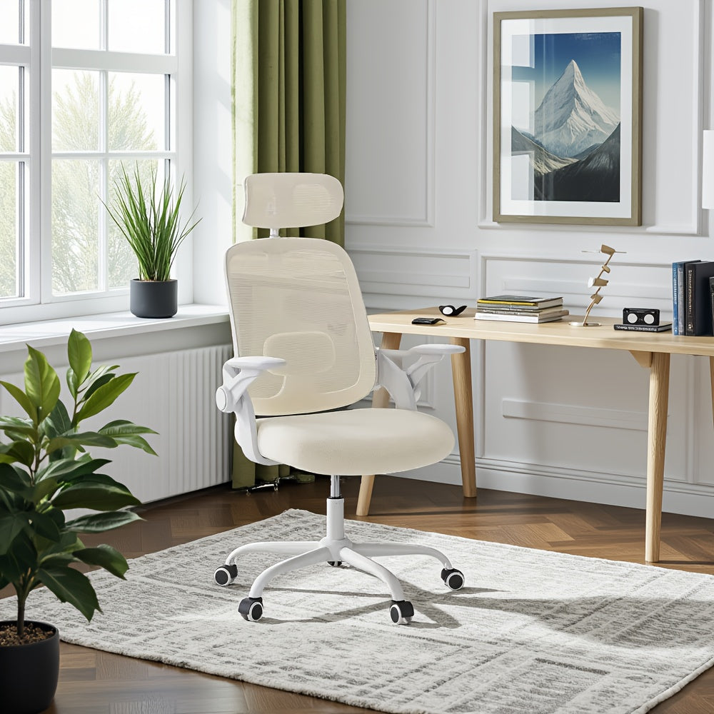 Silla de oficina ergonómica, silla de escritorio con reposacabezas ajustable, soporte lumbar, función de balanceo, reposabrazos plegables, silla para oficina en casa, silla de trabajo