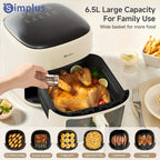 La freidora de aire Simplus tiene una amplia capacidad de 6.5L, adecuada para 5 a 8 personas. Es compacta para un fácil almacenamiento y cuenta con una ventana de cocción visual junto con una pantalla táctil LCD holográfica completa para un uso sencillo.