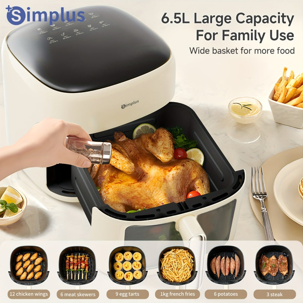 La freidora de aire Simplus tiene una amplia capacidad de 6.5L, adecuada para 5 a 8 personas. Es compacta para un fácil almacenamiento y cuenta con una ventana de cocción visual junto con una pantalla táctil LCD holográfica completa para un uso sencillo.