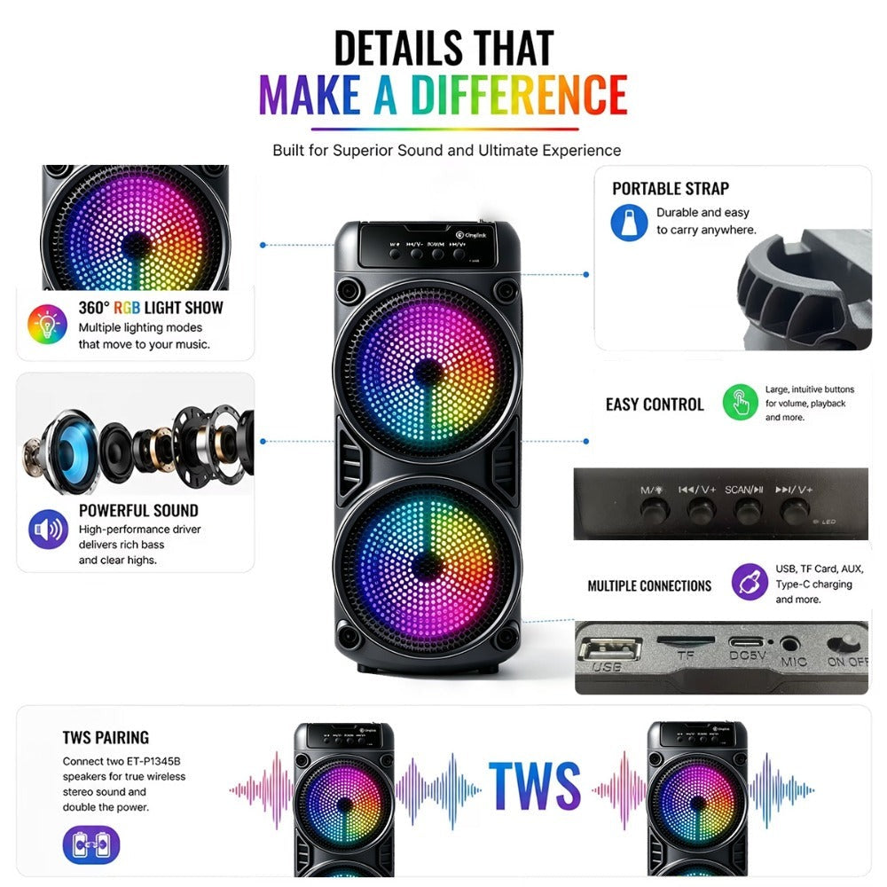 Altavoz Potente de 8000W, Caja de Karaoke Portátil con Luces RGB, Soporta Emparejamiento Estéreo TWS y Micrófono, Compatible con Tarjeta TF/USB MIC FM, Ideal para Fiestas, Exteriores, Camping, Pascua y Año Nuevo Chino