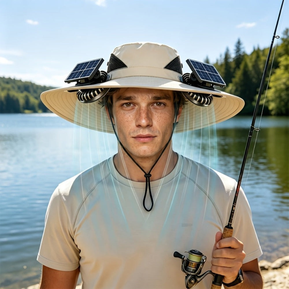 Sombrero abanico con protección solar UPF y sistema de enfriamiento USB, ala ancha para exteriores, apto para pesca, senderismo, escalada, con batería para uso prolongado en clima caluroso