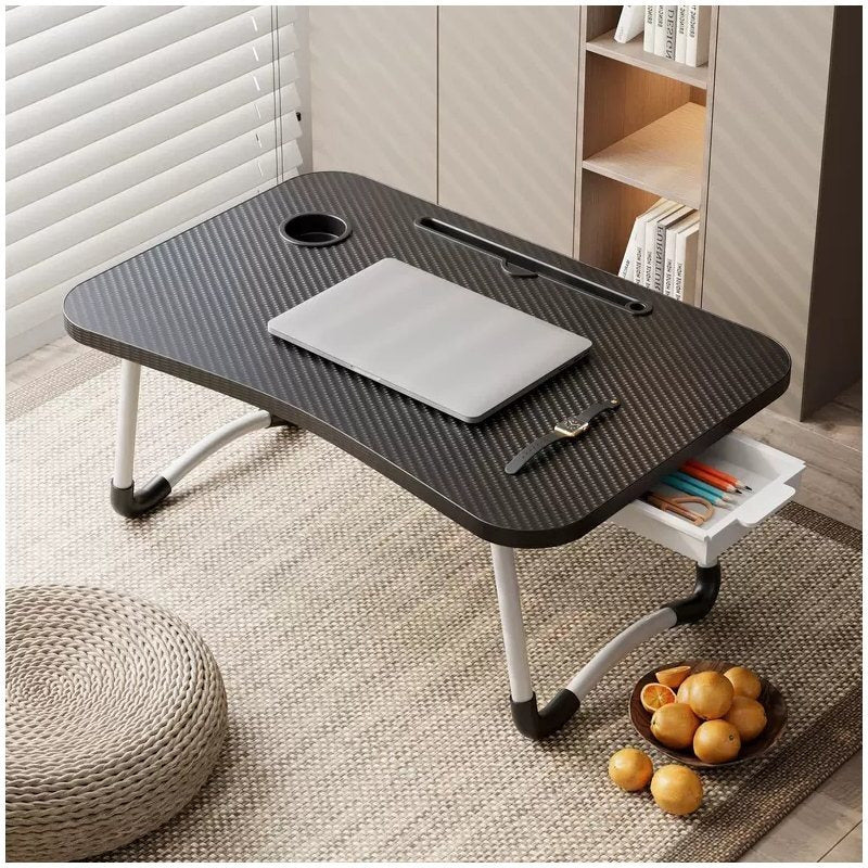 Mesa plegable multifunción para cama y sofá con portavasos, 60×40×28 cm, mesa auxiliar con atril para leer en la cama, bandeja multifunción para ordenador, libros, trabajo y estudio en casa (con cajón / sin cajón)