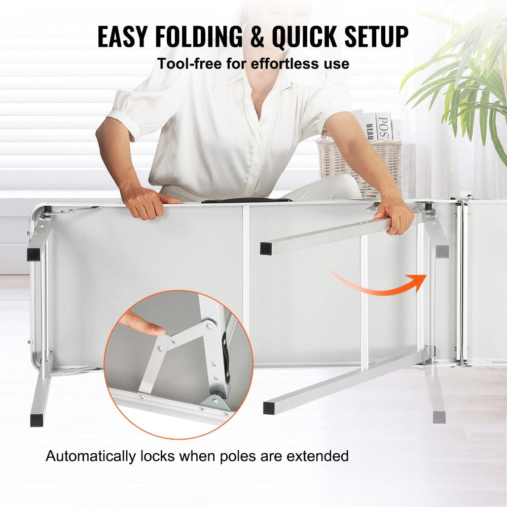 VEVOR Mesa Podio Portátil para Ferias, 77.95" x 15.16" x 34.65", Soporte de Exhibición para Mostrador de Ferias con Pared, Mesa Podio Plegable para Promociones y Ventas Minoristas con Estante de Almacenamiento y Bolsa de Transporte