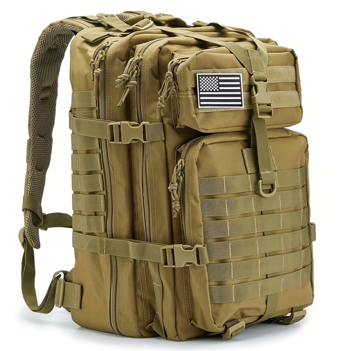 Mochila Espaciosa de 45L con Sistema MOLLE - Poliéster Duradero, Diseño de Capa Suave con Múltiples Compartimentos y Correas Acolchadas para los Hombros, con Parche de la Bandera Americana - Ideal para Senderismo de 3 Días, Trekkings, Bolsa de Emergencia,