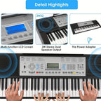 Conjunto de Piano Teclado Eléctrico de 61 Teclas, Diseñado para Principiantes, con 500 Sonidos y un Modo de Enseñanza de Tres Niveles, Incluye un Soporte, Taburete, Pantalla LCD y Atril