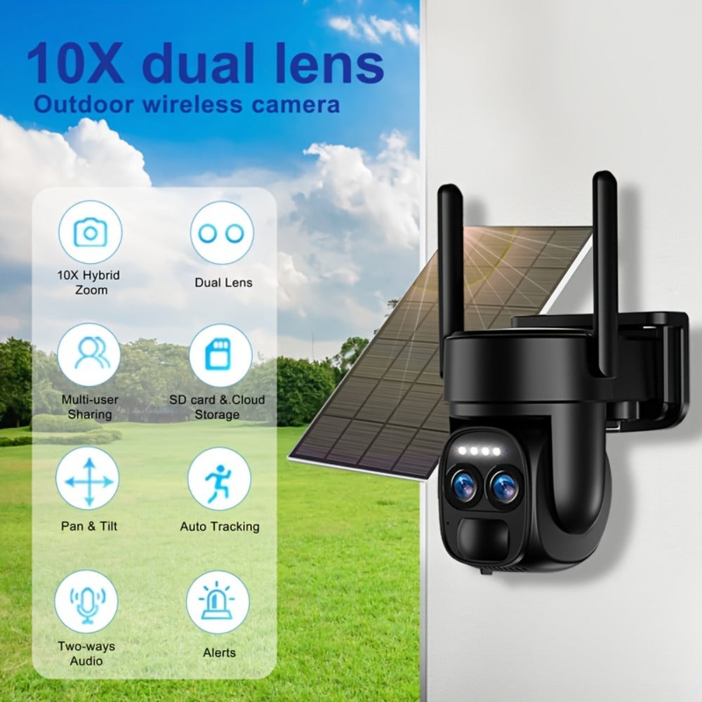 [Zoom 10x] Cámara de seguridad de exterior de 4MP con zoom automático de doble lente, más clara a distancia, cámara de alta definición 2K con panel solar, sistema de monitoreo PTZ de doble lente, foco deportivo WiFi 5G, visión nocturna en color, llamada b