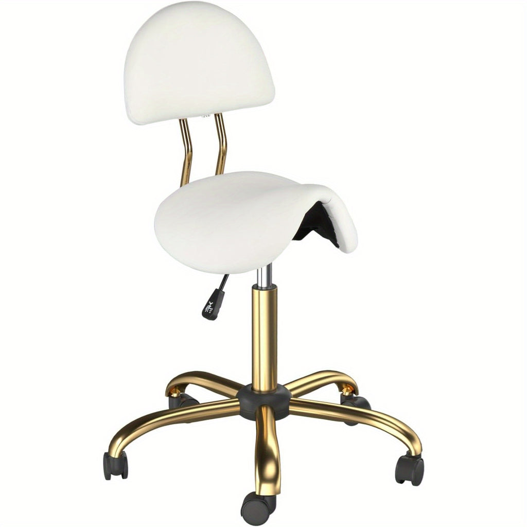 Taburete Bonnlo con Respaldo Extraíble, Taburete Giratorio de 360°, Taburete de Altura Ajustable (48-63Cm), Taburete Ergonómico con Ruedas y Capacidad de Carga de 180Kg para Salón/Oficina/Bar, Cuero Sintético (Blanco-Dorado, 40X34X91)