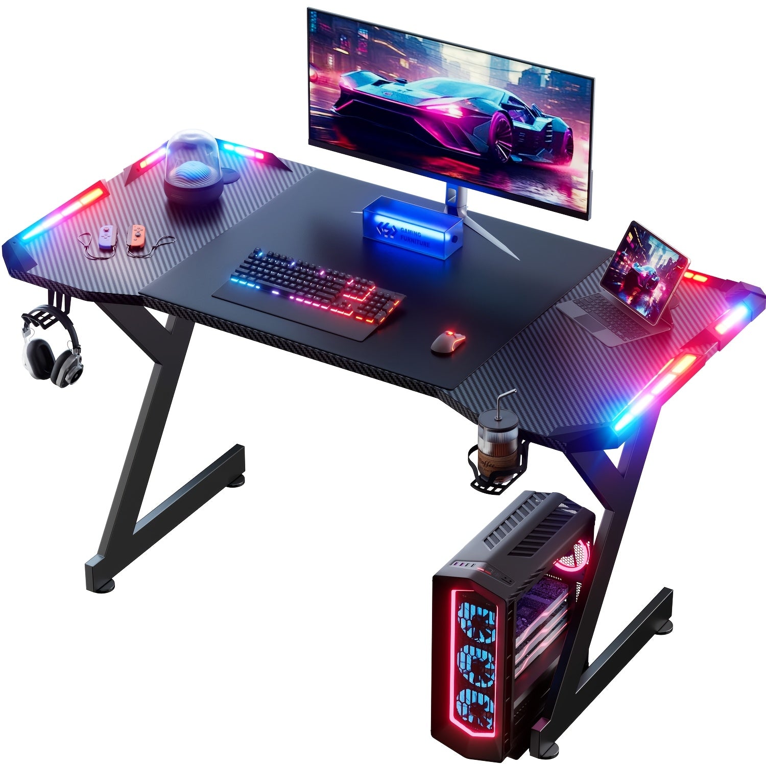 Escritorio gaming resistente en forma de Y con luces LED RGB duales, mesa de ordenador con portavasos y gancho para auriculares, superficie ergonómica de fibra de carbono, mesa para gamers para oficina en casa, dormitorio, negro