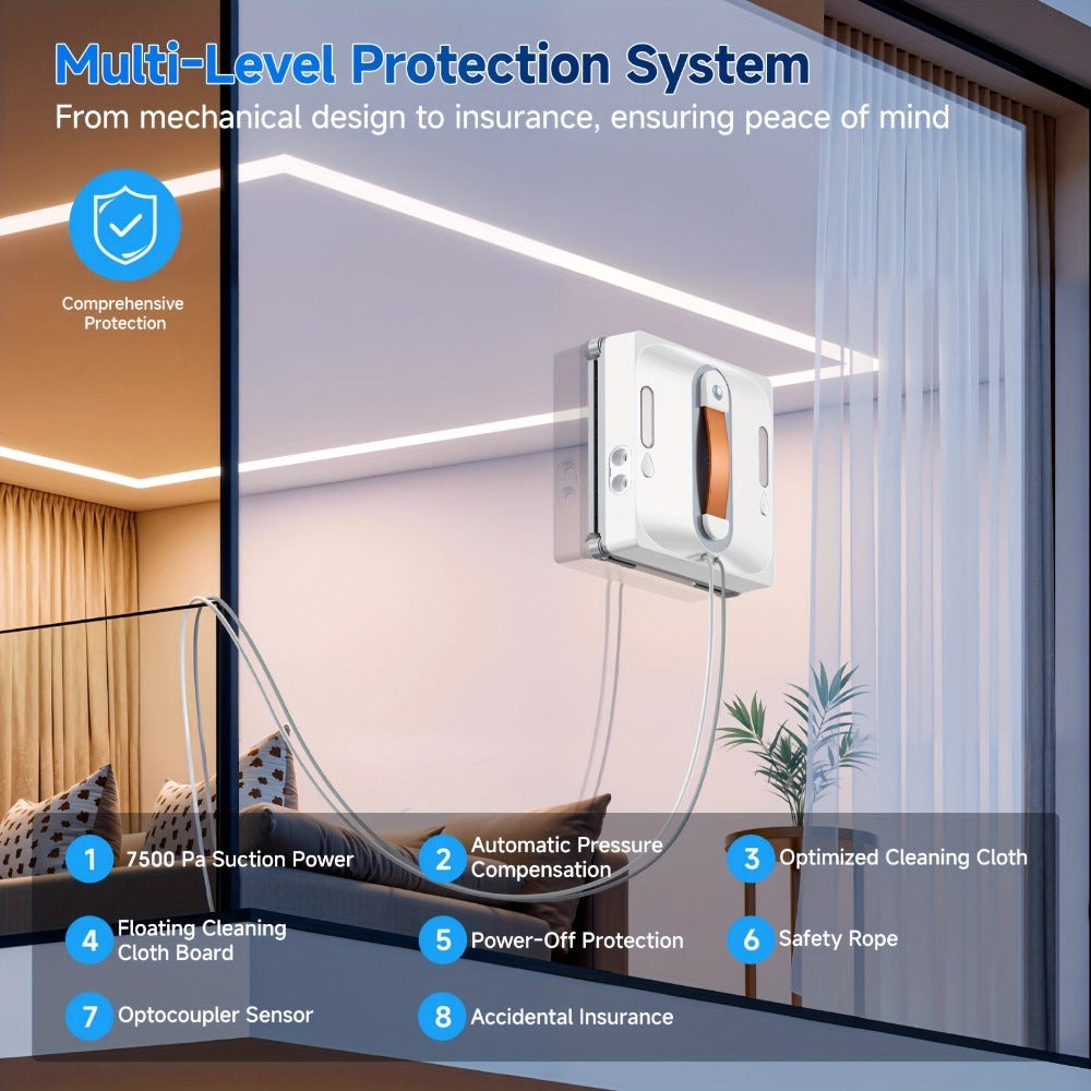 Robot de Limpieza de Ventanas Cuadrado 2025, Producto Electrónico Inteligente, Succión Grande de 7.5KPa, Planificación Inteligente de Rutas, Sistema de Protección de 8 Capas, Limpieza de Bordes, Paño Lavable, Boquillas Dobles de Doble Cara, Visualización