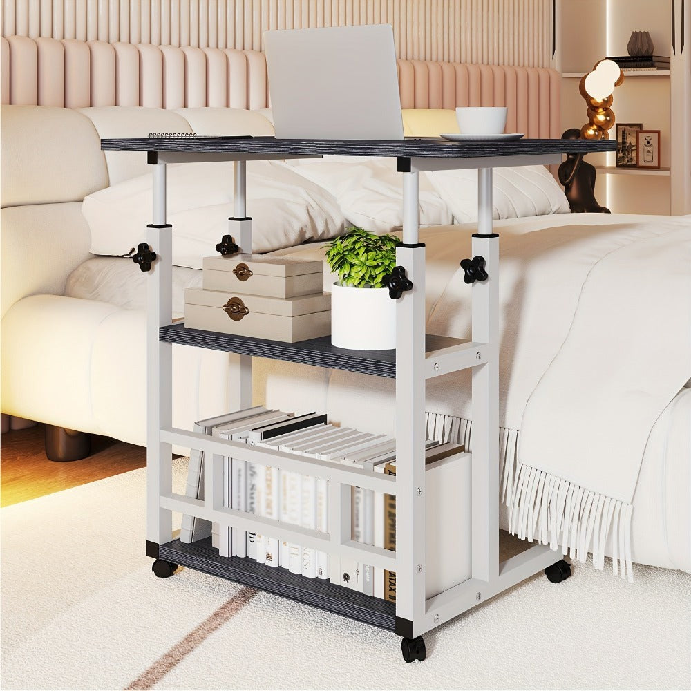 Escritorio Portátil de Madera Moderno con Altura Ajustable y Almacenamiento Multinivel - Estación de Trabajo para Hogar Ahorradora de Espacio con Ruedas, Soporte para Laptop y Función de Mesita de Noche Ideal para Trabajadores Remotos