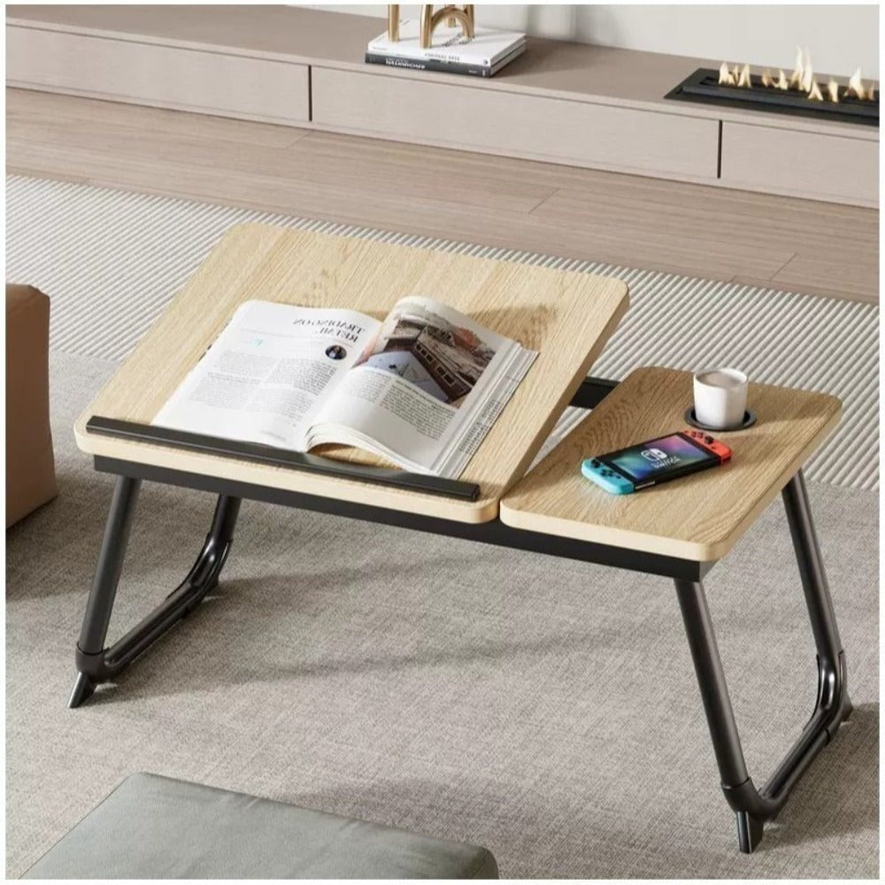Mesa plegable para cama y sofá con altura ajustable de 5 niveles, bandeja con superficie ajustable y portavasos, mesa pequeña multifunción para ordenador, libros, trabajo y estudio en casa (56x32x25cm)