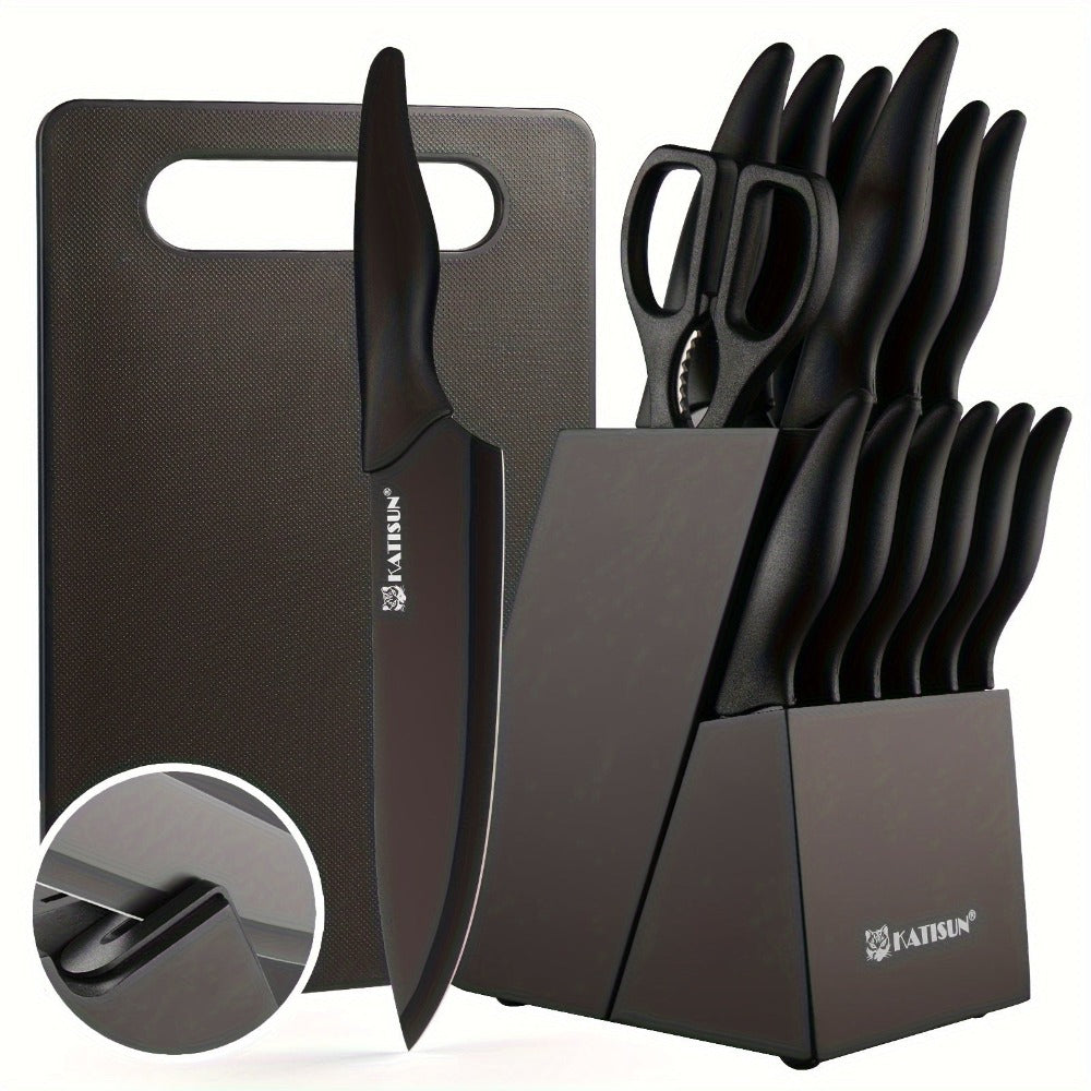 Juego de cuchillos de cocina de acero inoxidable con revestimiento antiadherente, juego de 15 cuchillos de cocina profesionales con bloque de madera negra, mango de ABS antideslizante para cuchillos de chef, tabla de cortar de plástico y tijeras de cocina