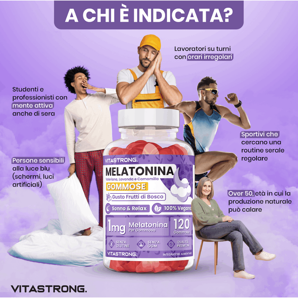 Melatonina Vegan Vitastrong en Gomitas, 120 Gomitas de 1 Mg (1 por Día, Suministro para 4 Meses), Sin Sacarosa, Sin Gluten, Sabor a Frutas Rojas, con Valeriana, Lavanda, Manzanilla y Vitamina B6