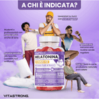 Melatonina Vegan Vitastrong en Gomitas, 120 Gomitas de 1 Mg (1 por Día, Suministro para 4 Meses), Sin Sacarosa, Sin Gluten, Sabor a Frutas Rojas, con Valeriana, Lavanda, Manzanilla y Vitamina B6